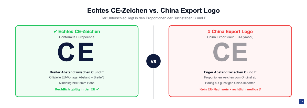 Vergleich: Echtes CE-Zeichen (Conformité Européenne) vs. China Export Logo mit sichtbarem Unterschied in den Proportionen