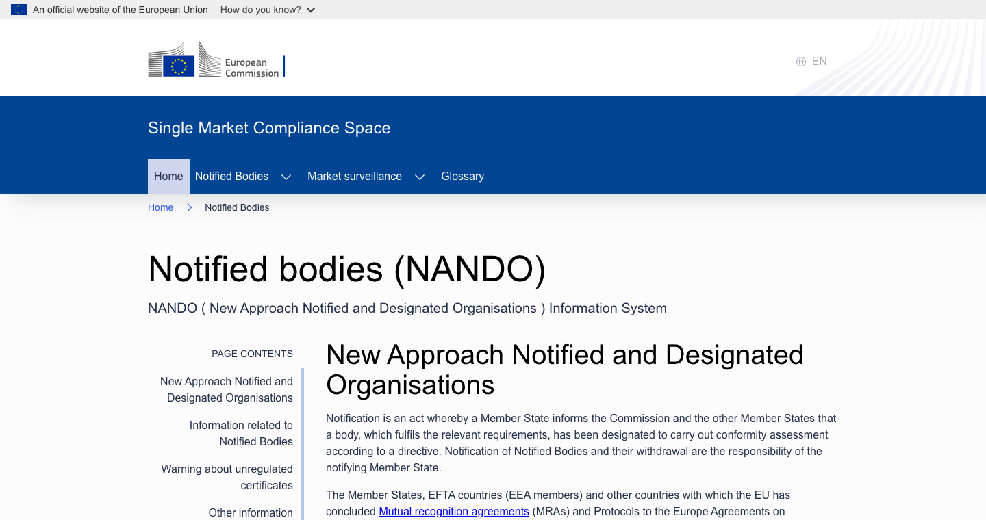 Screenshot der NANDO-Datenbank der Europäischen Kommission zur Suche nach Benannten Stellen für die CE-Zertifizierung