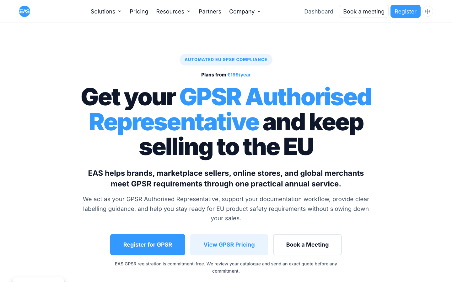 EAS Website Screenshot: GPSR Authorised Representative