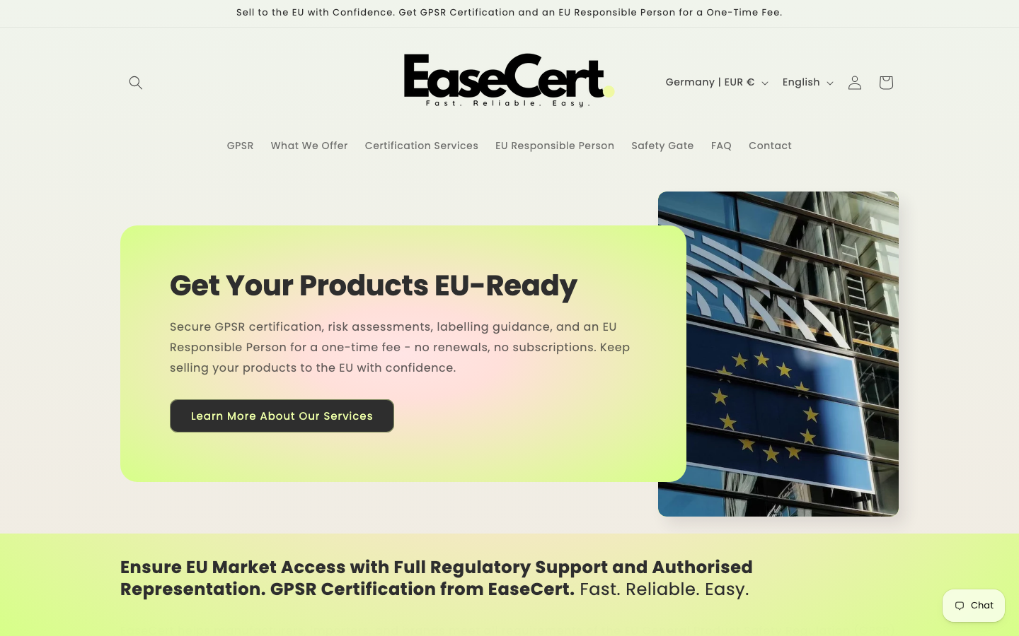 EaseCert Website Screenshot: EU Authorised Representative Service
