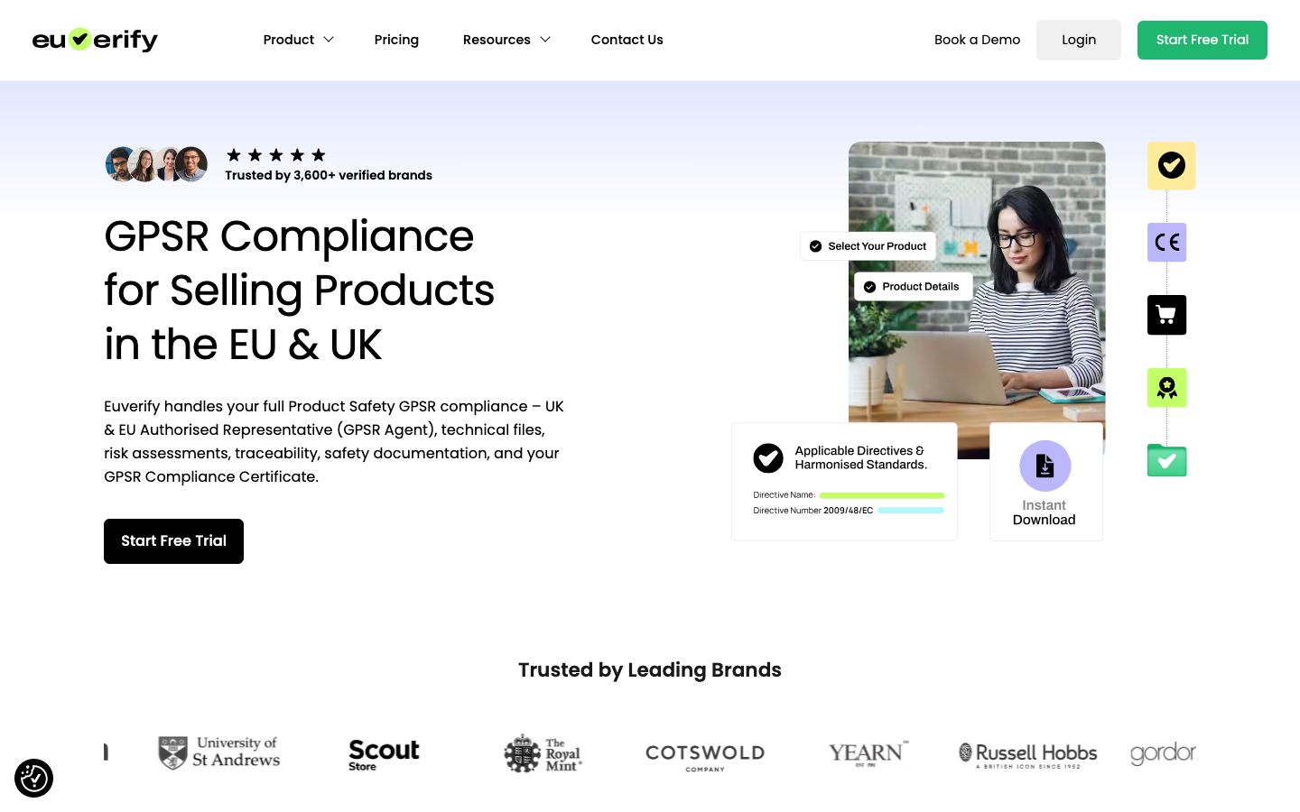 Euverify Website Screenshot: GPSR Compliance Services
