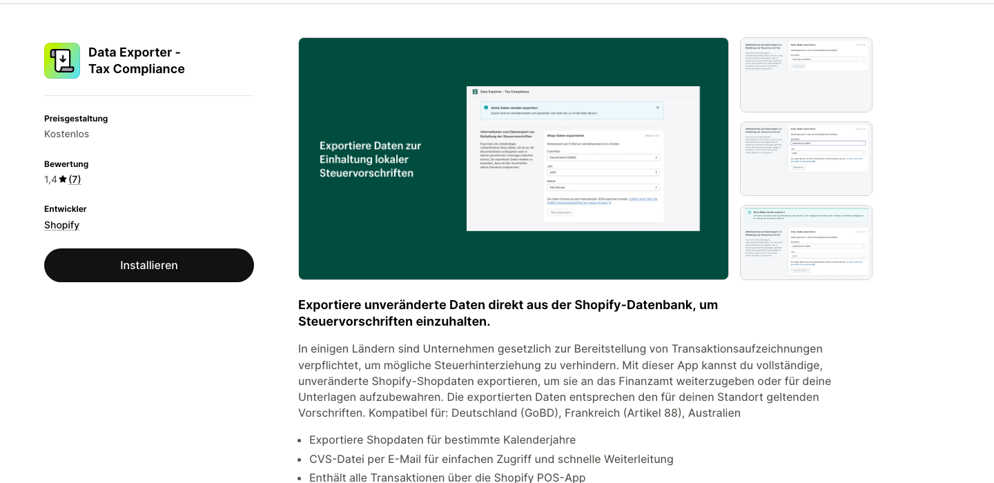 Shopifys App "Data Exporter - Tax Compliance" im Shopify App Store, zertifiziert für den GoBD-Datenzugriff in Deutschland