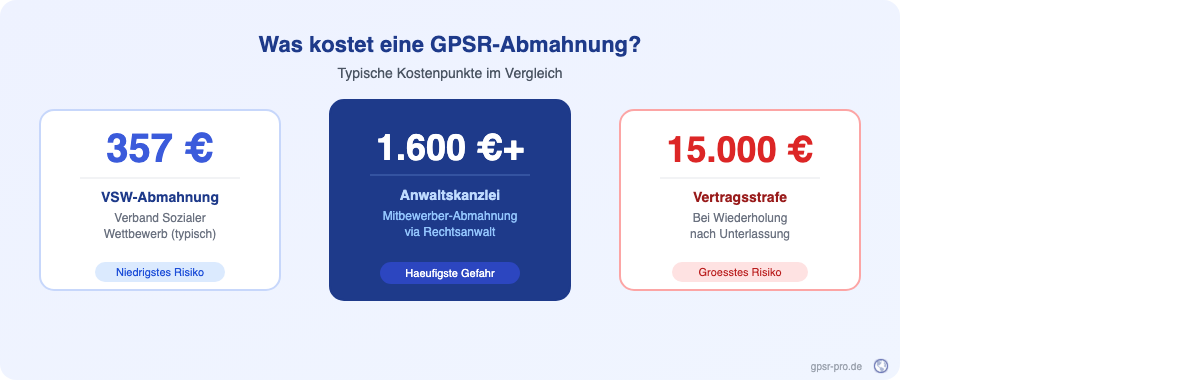 Kostenübersicht GPSR-Abmahnung: VSW 357 Euro, Anwaltskanzlei 1.600 Euro+, Vertragsstrafe bis 15.000 Euro