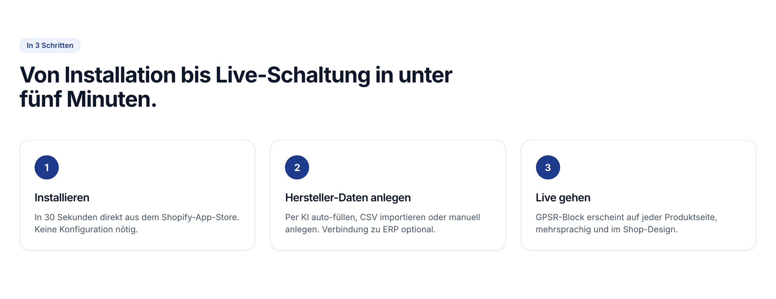 Screenshot: Drei-Schritte-Ablauf von der Installation bis zur Live-Schaltung bei GPSR Pro