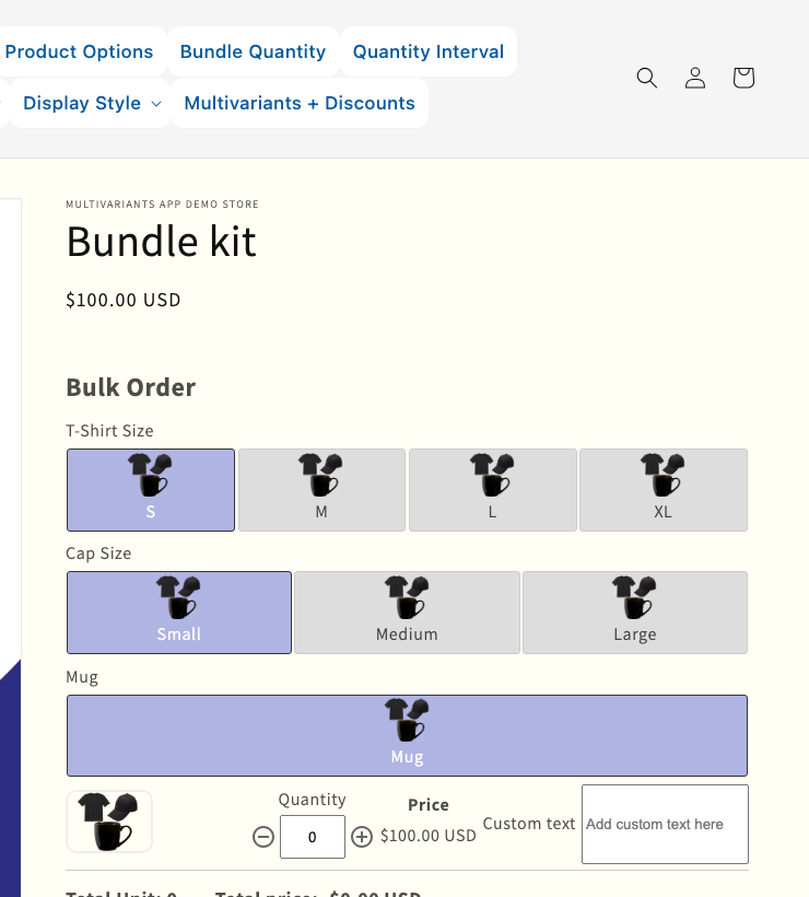 Beispiel eines Shopify-Produktlistings für ein Bundle aus T-Shirt, Cap und Becher unter einer Artikelnummer
