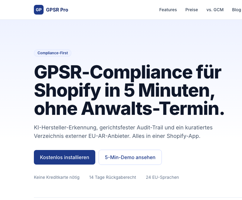 gpsrpro.com Startseite mit KI-Hersteller-Erkennung und gerichtsfestem Audit-Trail für Shopify