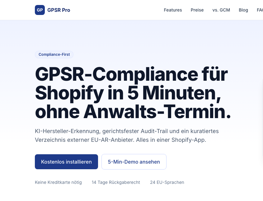 GPSR Pro Dashboard: Shopify-App für GPSR-Compliance mit Pflichtangaben-Verwaltung, EU-Verantwortlichen-Verzeichnis und Audit-Trail