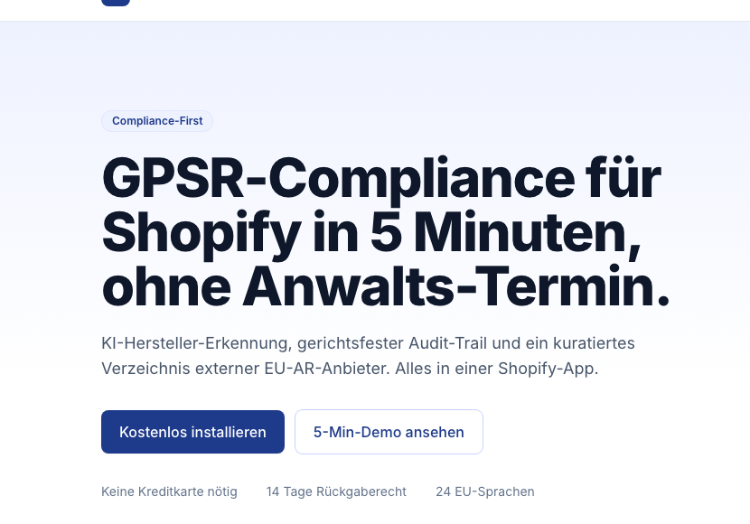 Startseite von gpsrpro.com mit KI-Hersteller-Erkennung, Audit-Trail und EU-AR-Verzeichnis für Shopify-Händler