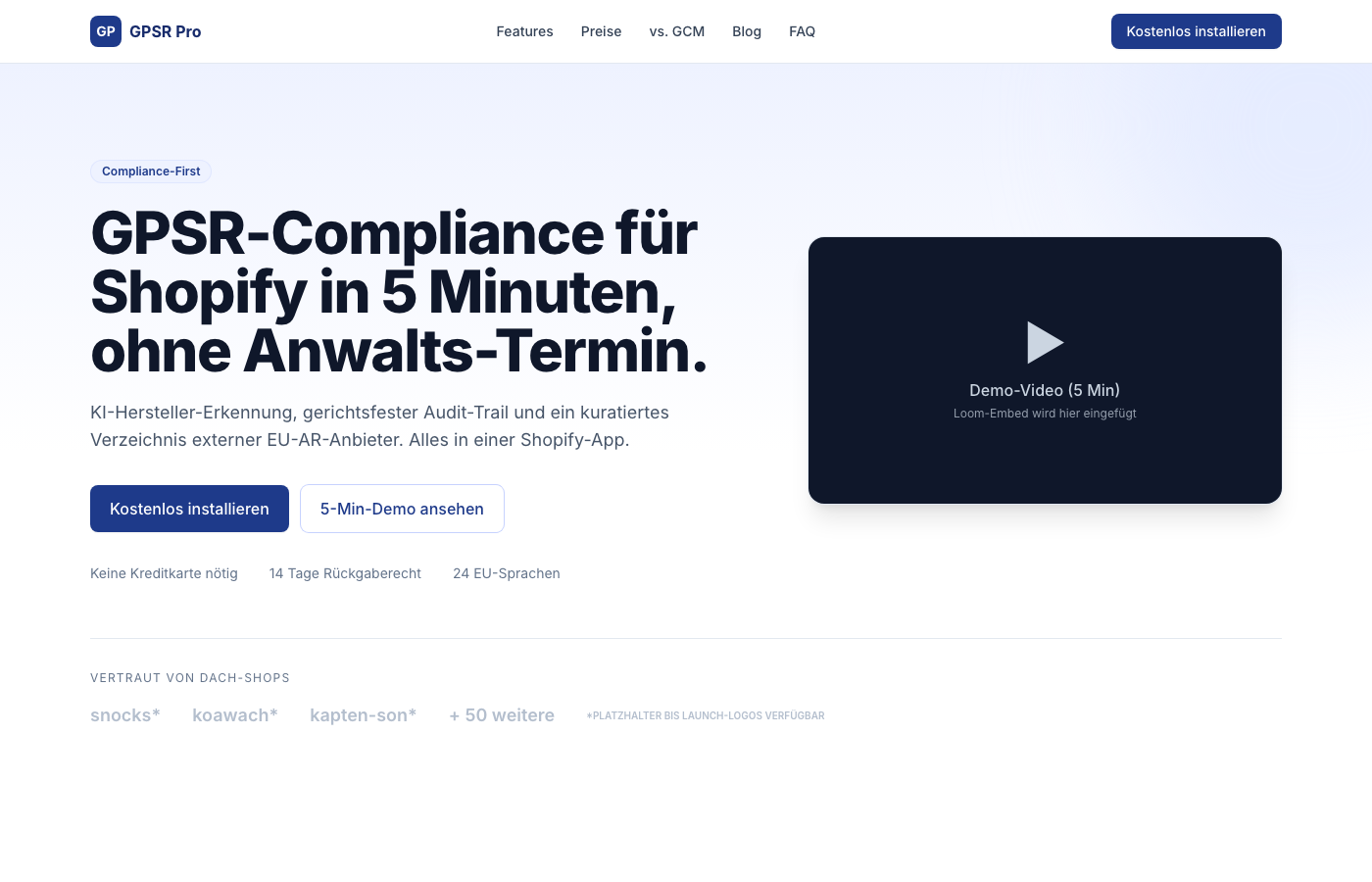 Startseite der GPSR-Komplettservice-App GPSR Pro mit KI-Hersteller-Erkennung und Audit-Trail für Shopify