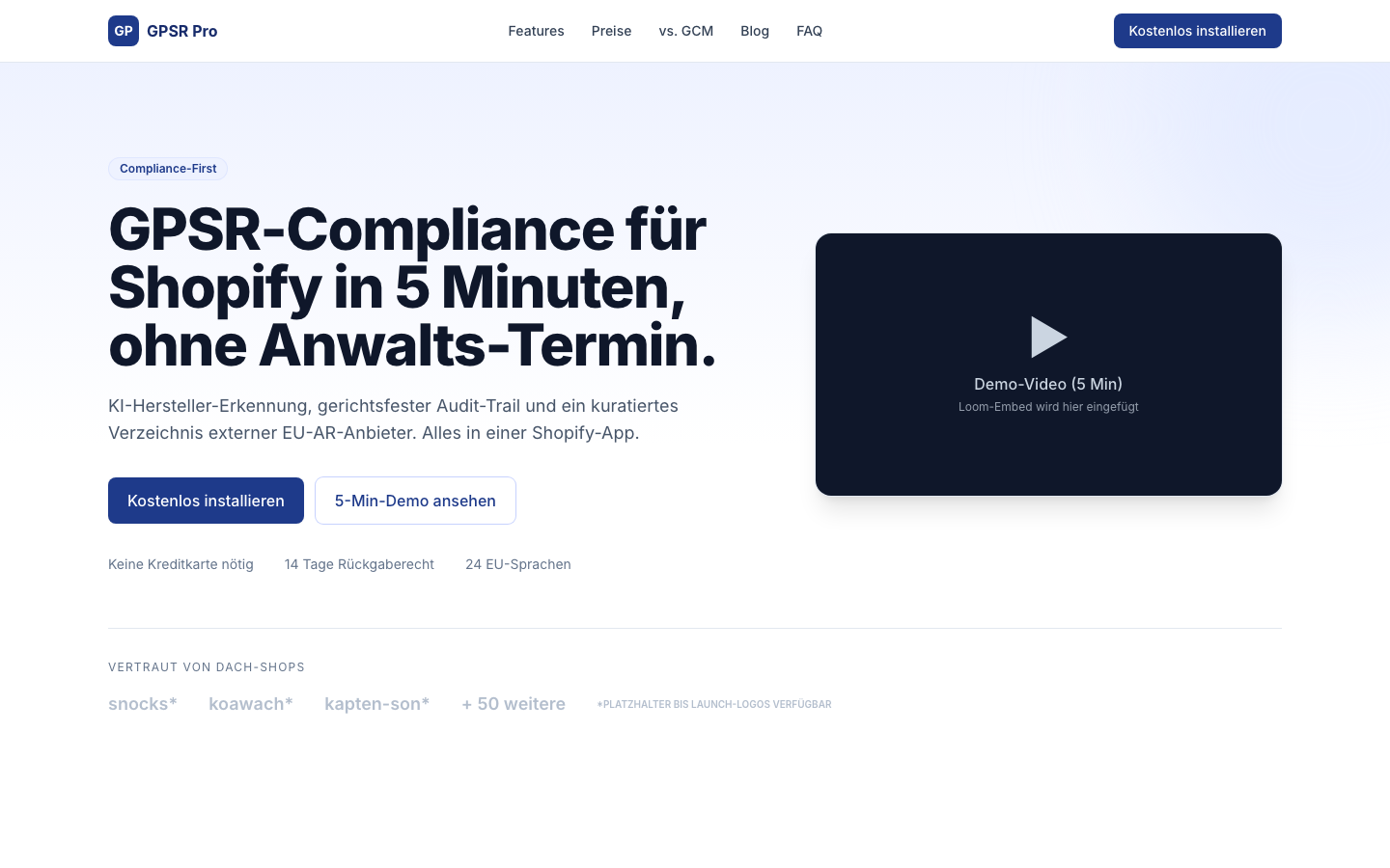 Startseite von gpsrpro.com mit KI-Hersteller-Erkennung, Audit-Trail und EU-AR-Anbieterverzeichnis für Shopify