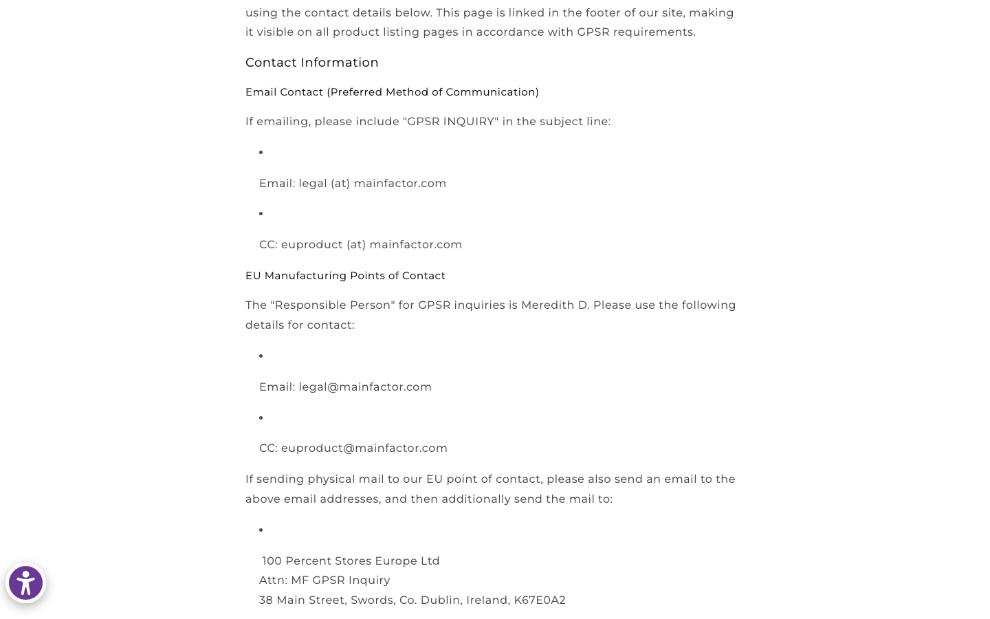 Screenshot der öffentlichen GPSR-Kontaktseite von Larkin Poe mit E-Mail-Kontakt und Compliance-Hinweis