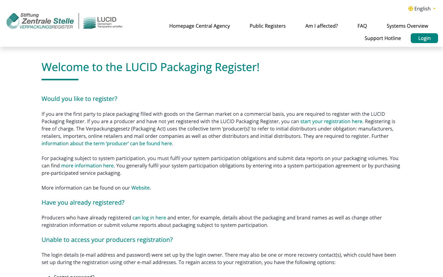 LUCID-Verpackungsregister der Zentralen Stelle Verpackungsregister