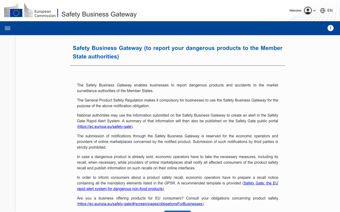 Safety Business Gateway Meldeportal für GPSR-Sicherheitsmeldungen
