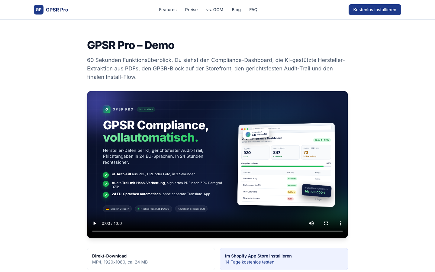 GPSR Pro Demo-Dashboard mit Compliance-Score und Produktstatus