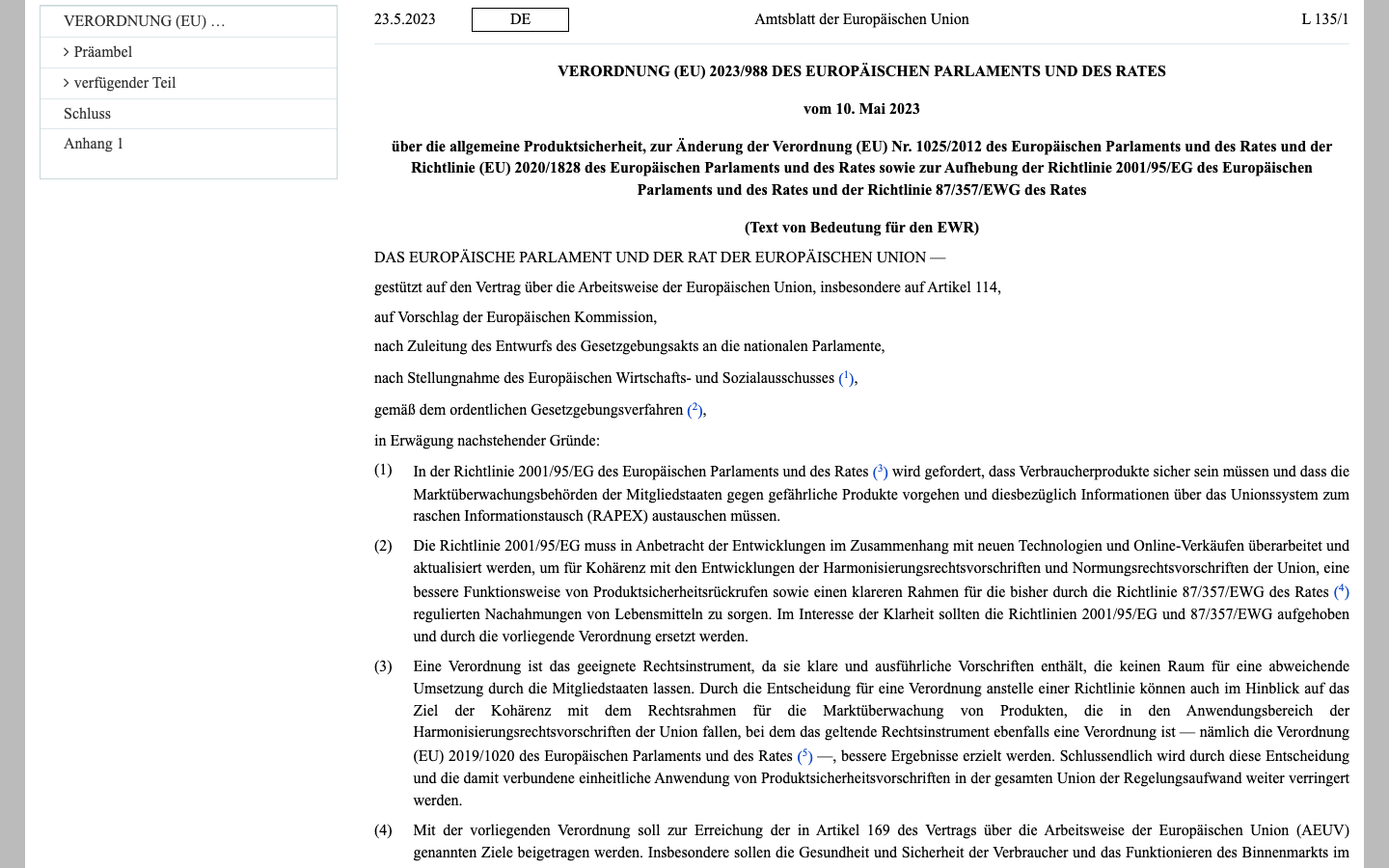 EUR-Lex Volltext der Verordnung (EU) 2023/988, Grundlage aller in diesem Artikel zitierten GPSR-Artikelnummern
