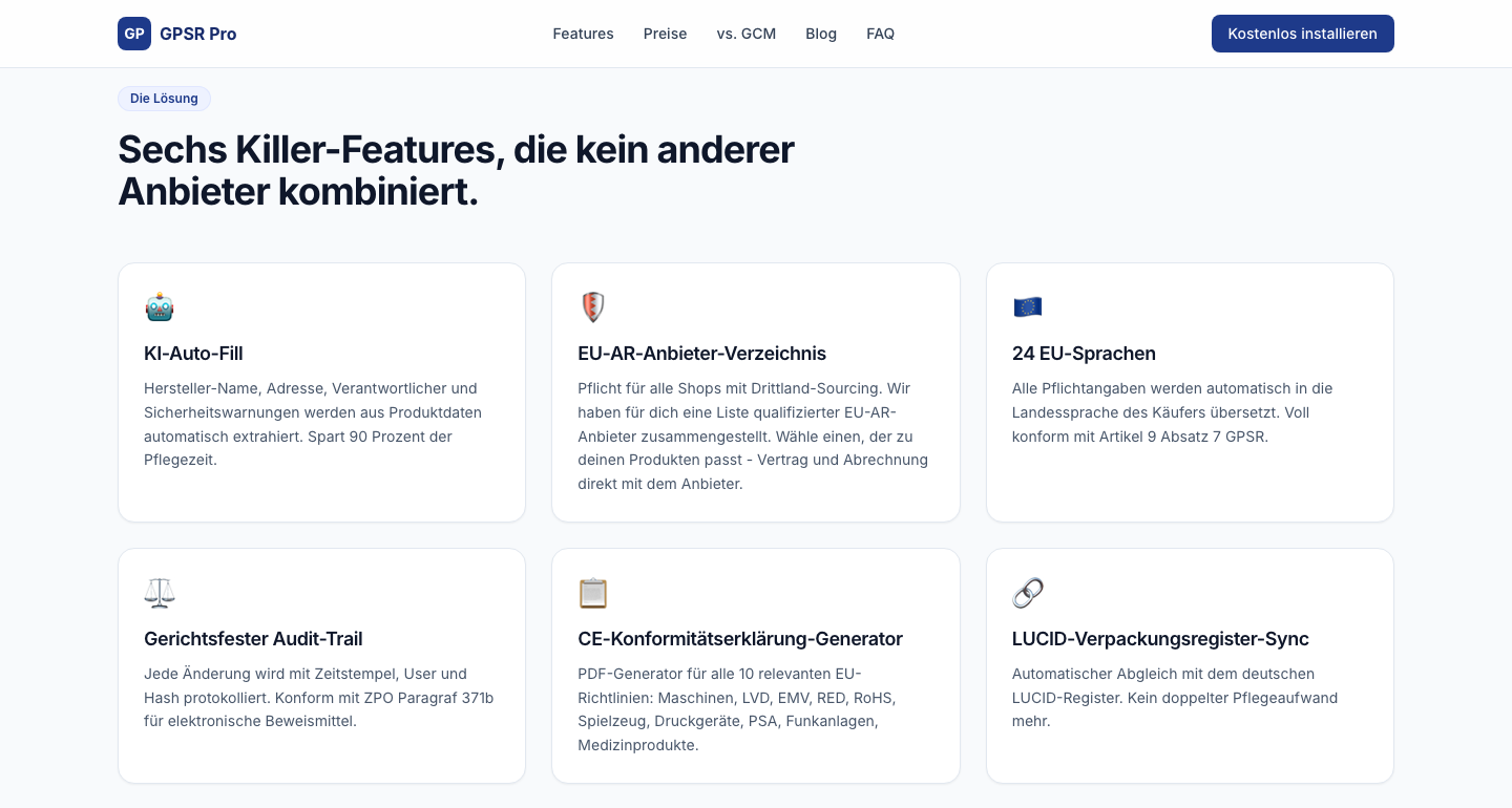 gpsrpro.com Feature-Übersicht mit dem gerichtsfesten Audit-Trail, der jede Änderung mit Zeitstempel protokolliert