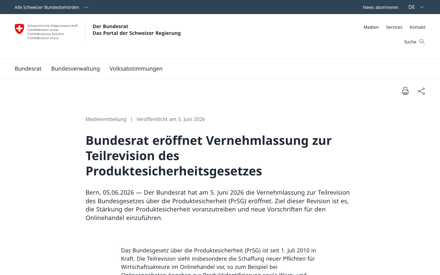 Screenshot der Medienmitteilung des Schweizer Bundesrats vom 5. Juni 2026 zur Vernehmlassung der PrSG-Teilrevision