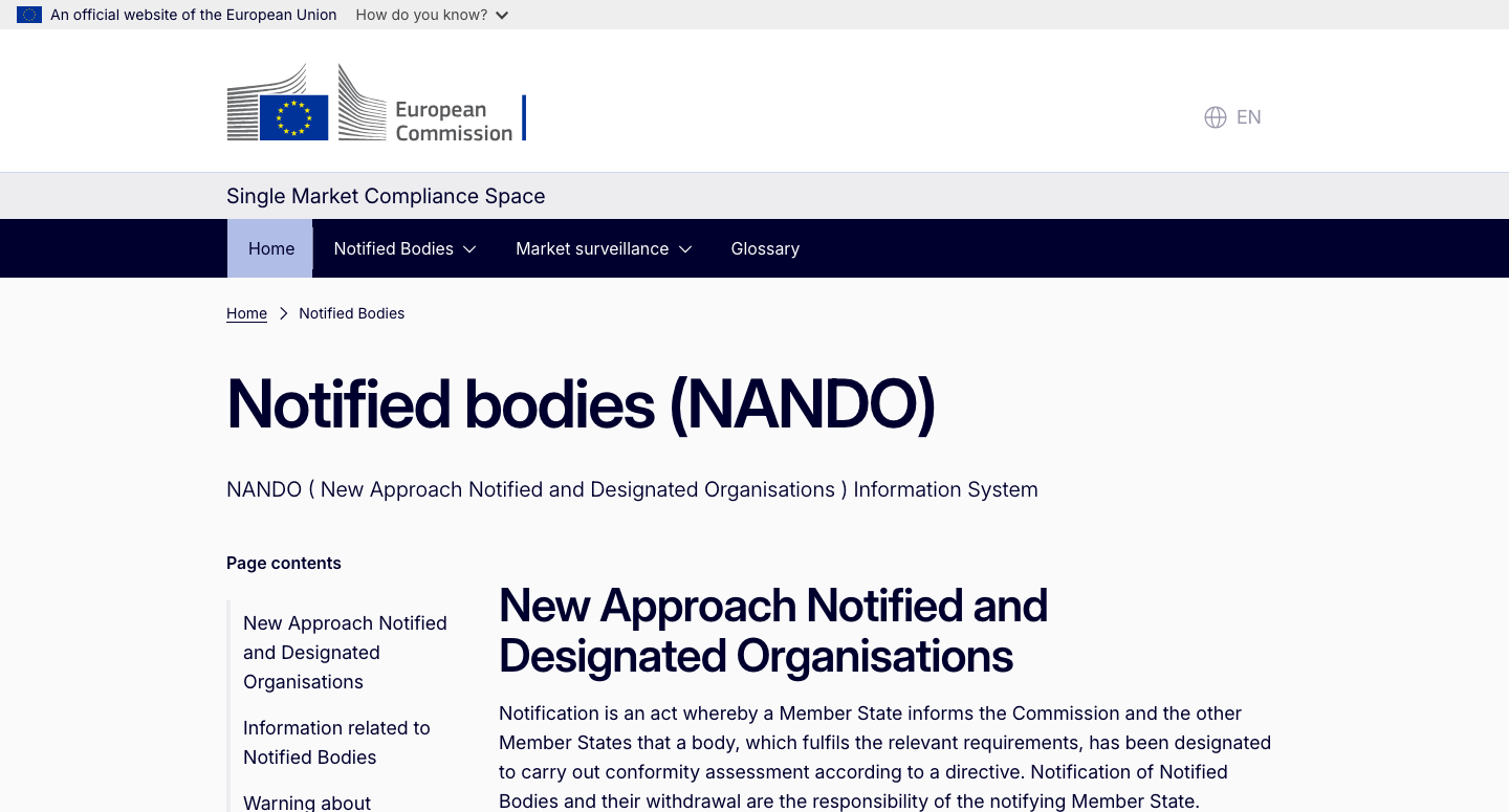 Startseite der offiziellen NANDO-Datenbank der Europäischen Kommission für notifizierte Stellen.