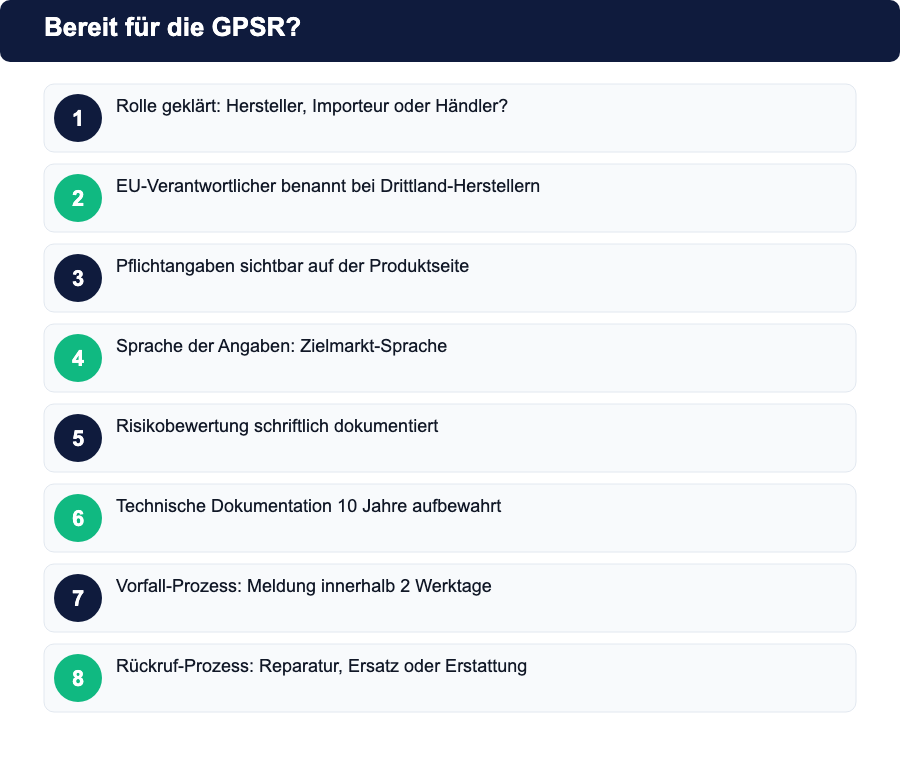 GPSR-Bereitschafts-Checkliste: 8 Punkte für Shop-Betreiber