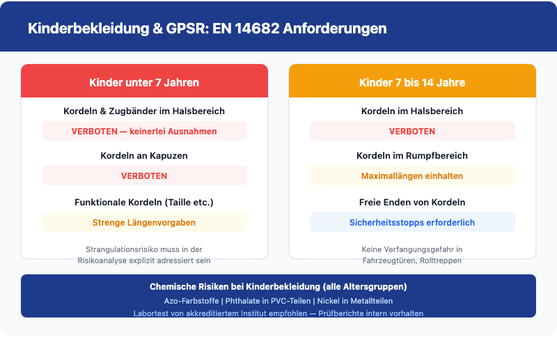 Kinderbekleidung EN 14682 GPSR Anforderungen: Kordeln und Schnüre nach Altersgruppe